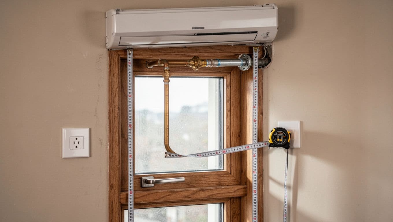Photorealistic close-up of a window installation site showing four obstacles: AC refrigerant pipe near the top frame, curtain box above, electrical outlet on the side wall, and protruding window handle at the bottom, with a tape measure draped around.