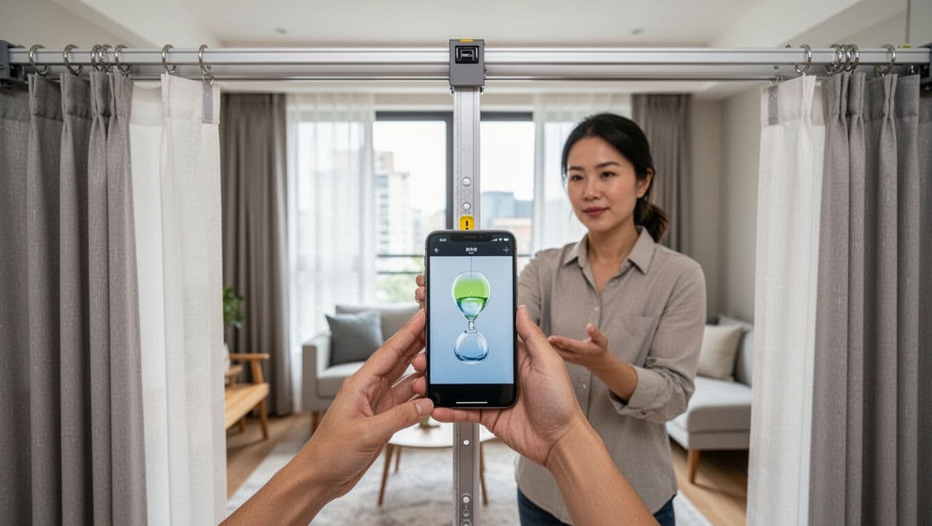 訂製窗簾丈量含不含?合約要寫清楚哪些條款 A homeowner in a bright modern living room uses a smartphone level app to check if the newly installed custom curtain track is perfectly level, with the bubble centered on the screen. Curtains hang straight, foreground focuses on track and phone, background features simple furniture and windows under natural indoor light.