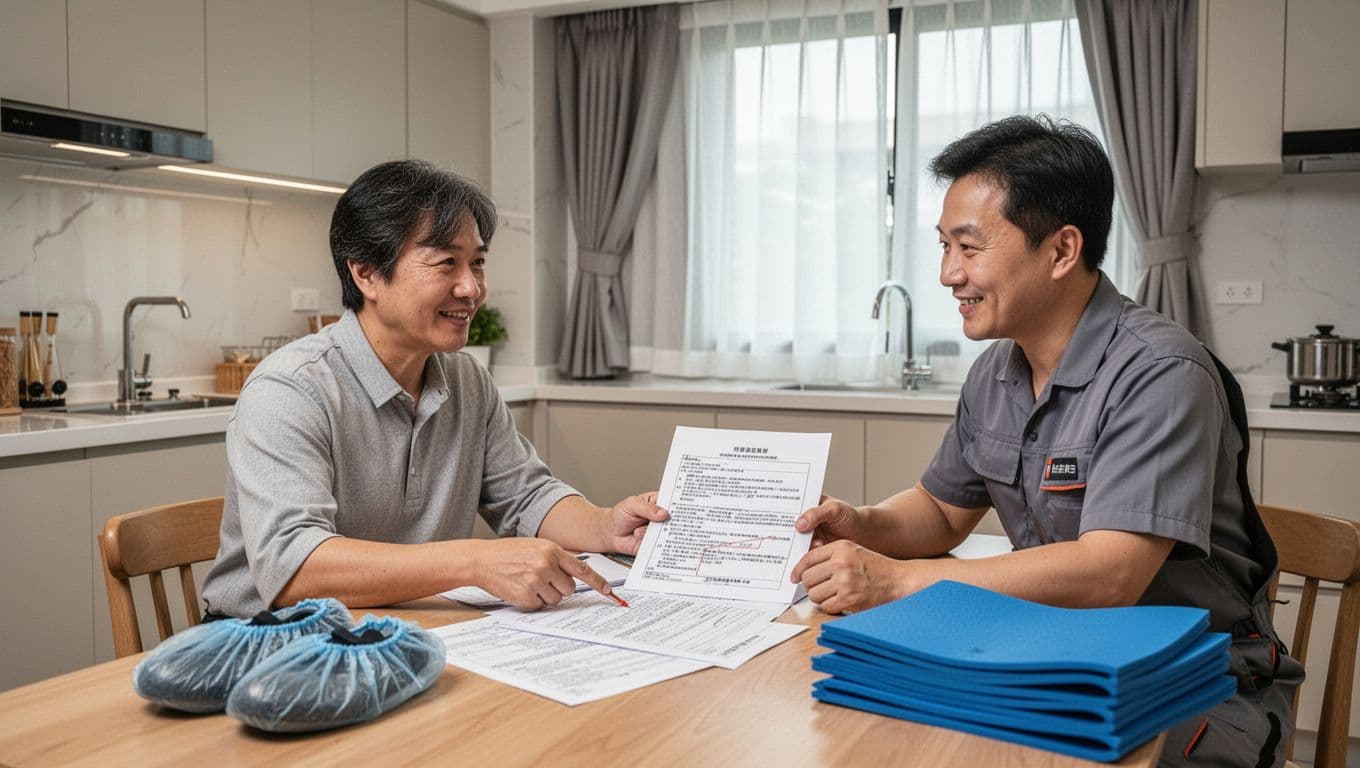 A homeowner sits at a kitchen table in a modern Taiwanese home, discussing a custom curtain contract with a contractor while pointing to clauses on cleaning and protection. Protective gear like shoe covers and blue mats are on the table under soft natural light from a window with half-installed curtains.