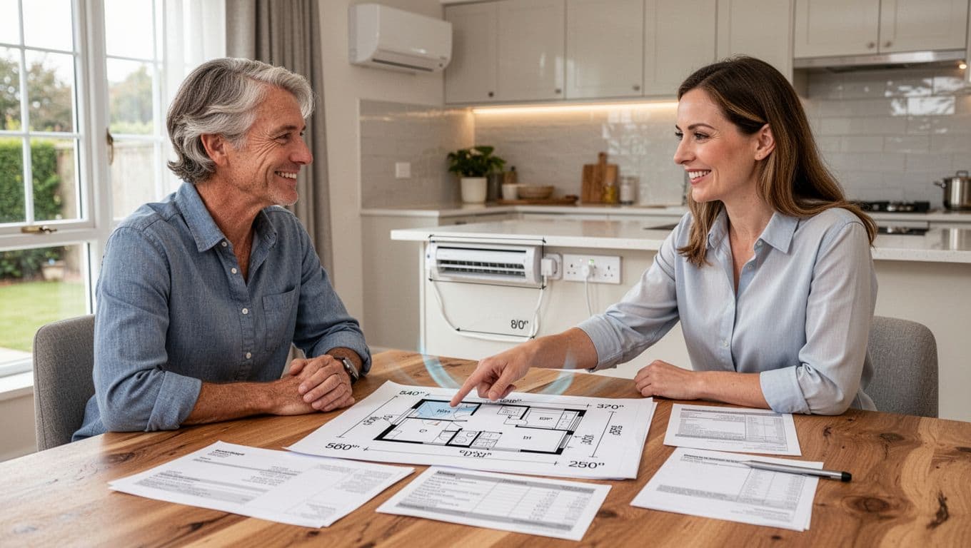 Photorealistic image of a homeowner and curtain consultant seated at a wooden kitchen table in a bright modern home, with the consultant pointing to a simple floor plan showing window positions near air conditioner outlet, electrical sockets, and curtain box height marks. Papers with specifications are laid out as they smile in friendly discussion under natural daylight.