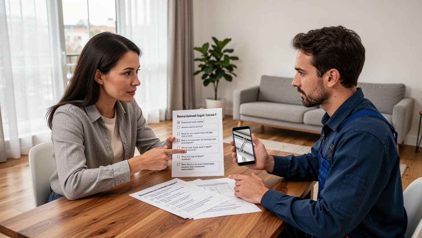 A homeowner and professional curtain installer discuss a printed checklist for curtain removal and installation at a wooden table in a bright modern living room, with the homeowner pointing to items and showing smartphone photos of window tracks.