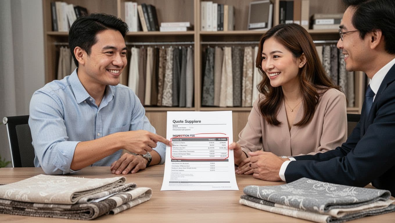 訂製窗簾報價要不要含到貨檢查?品質確認全指南 A confident homeowner and curtain supplier representative smile in agreement at a negotiation table, with the homeowner pointing to the inspection fee section on a quote document amid curtain samples and fabric swatches on bookshelves.