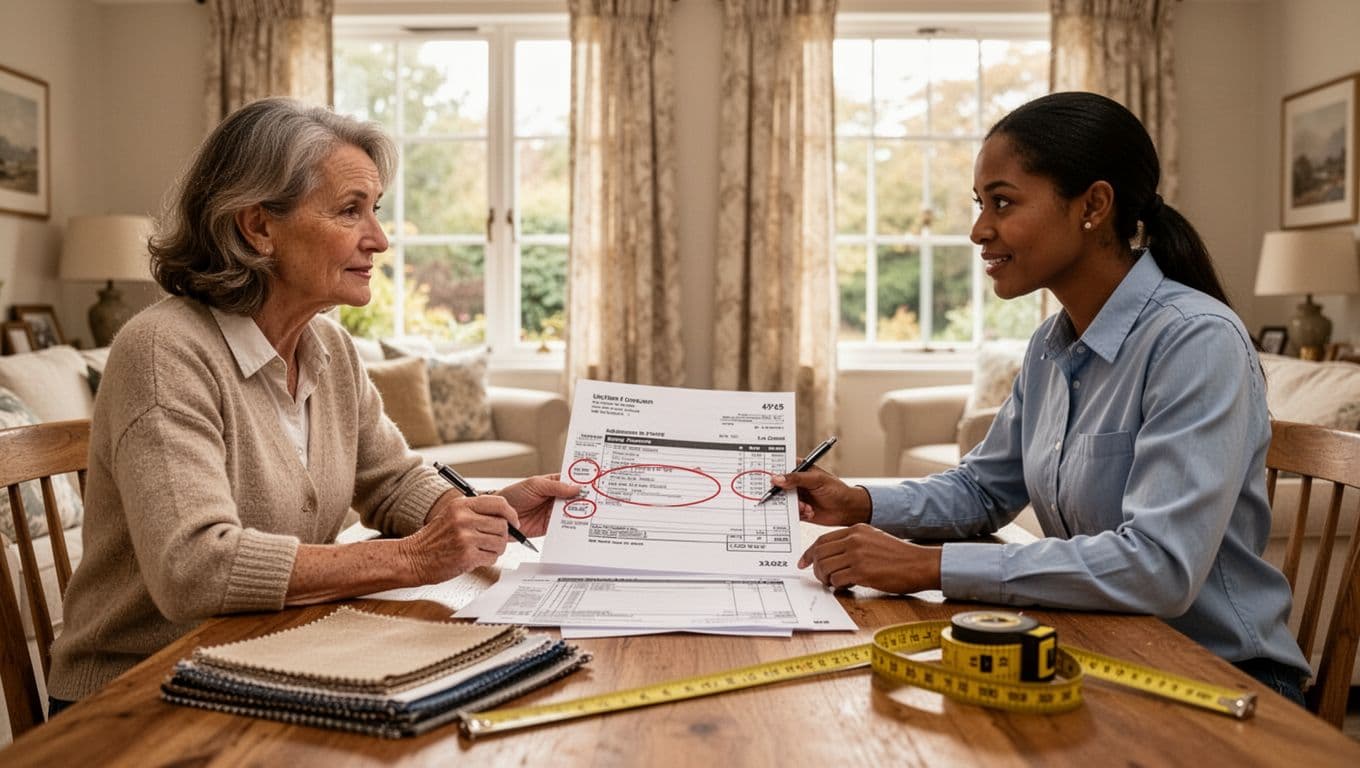 A homeowner and curtain vendor representative sit relaxed at a wooden dining table in a bright cozy living room, discussing a detailed invoice with circled additional fees, surrounded by fabric swatches and measuring tape under soft natural daylight.