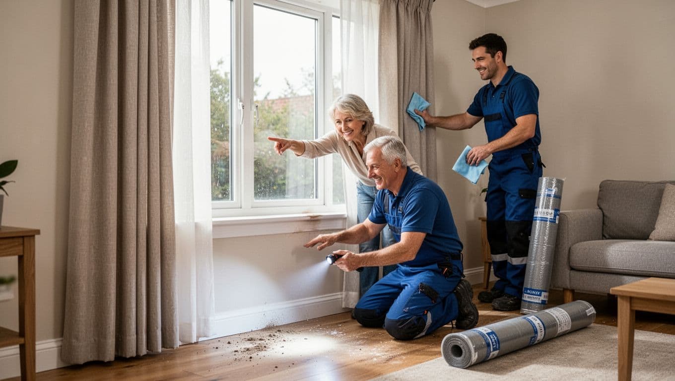A homeowner checks window sill and floor for dust with a flashlight in a bright living room after curtain installation, confirming no dust or marks, while a worker wipes final spots nearby. New curtains hang perfectly with protective mats rolled aside, both smiling.