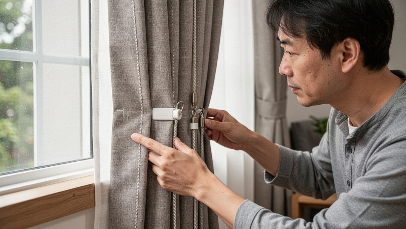 訂製窗簾丈量含不含?合約要寫清楚哪些條款 A homeowner in the living room examines custom curtain details up close, including neat stitching, even pleats, uniform hook spacing, and secure pull cord mount. Natural indoor lighting highlights the fabric texture with a simple window background.