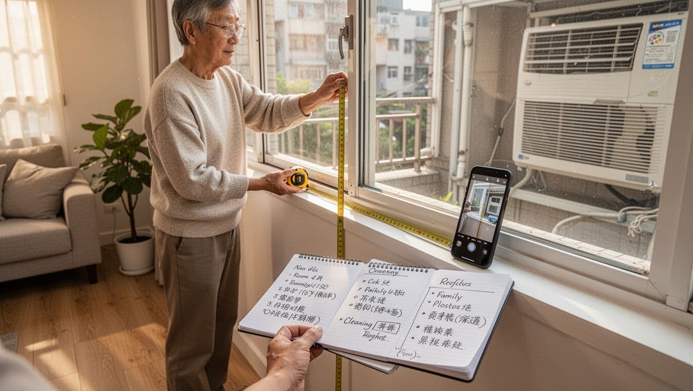 訂製窗簾想控制預算,先決定這 3 件事 A relaxed homeowner in a bright modern Taiwanese living room uses a tape measure to note window dimensions on a notepad, while a smartphone captures photos of the frame, tracks, sunlight, and obstacles. A notebook lists room usage, schedules, cleaning habits, and orientations amid cozy neutral decor in soft morning light.