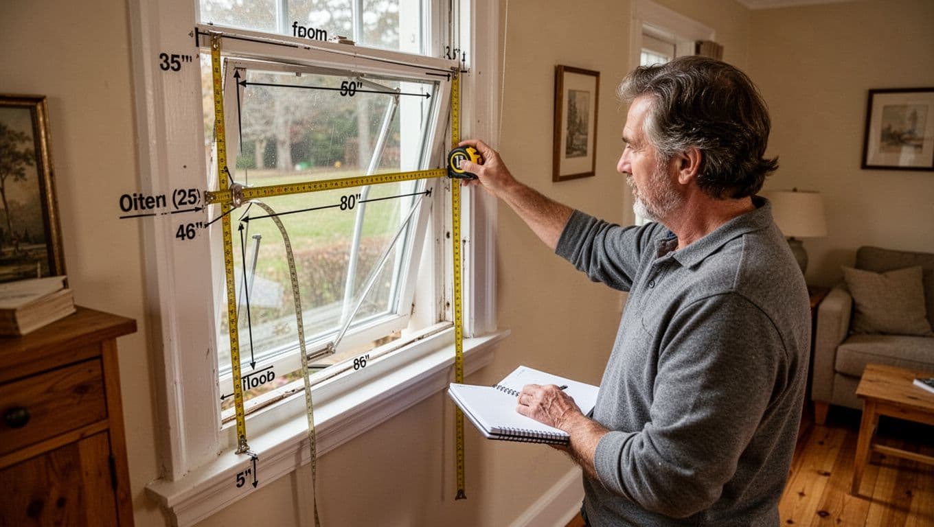 Photorealistic image of a single homeowner in a cozy living room using a flexible tape measure to precisely check window width, height, and irregularities at multiple points including frame edges, outer wall, and floor-to-ceiling, with a notebook nearby for notes.