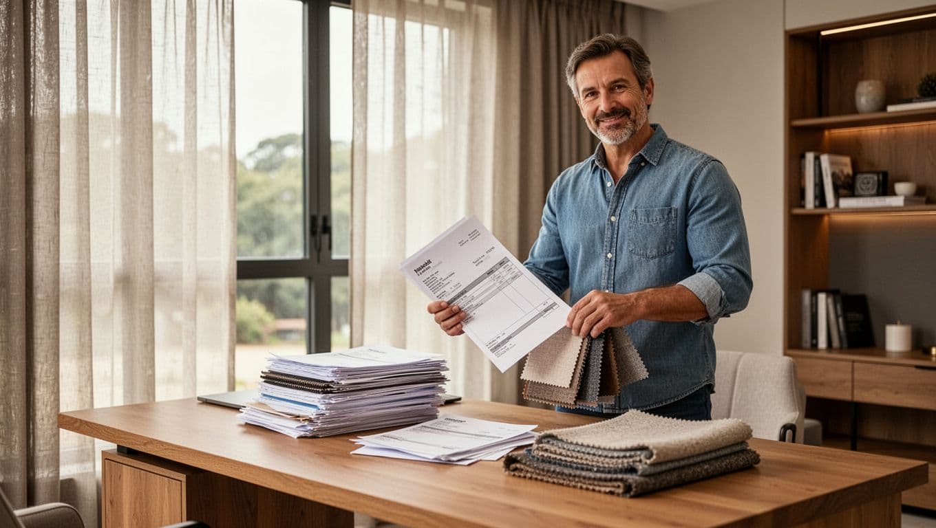 A determined yet calm homeowner stands next to a clean wooden desk in a modern home office, organizing stacked printed invoices, measurement photos, and fabric samples with relaxed hands.