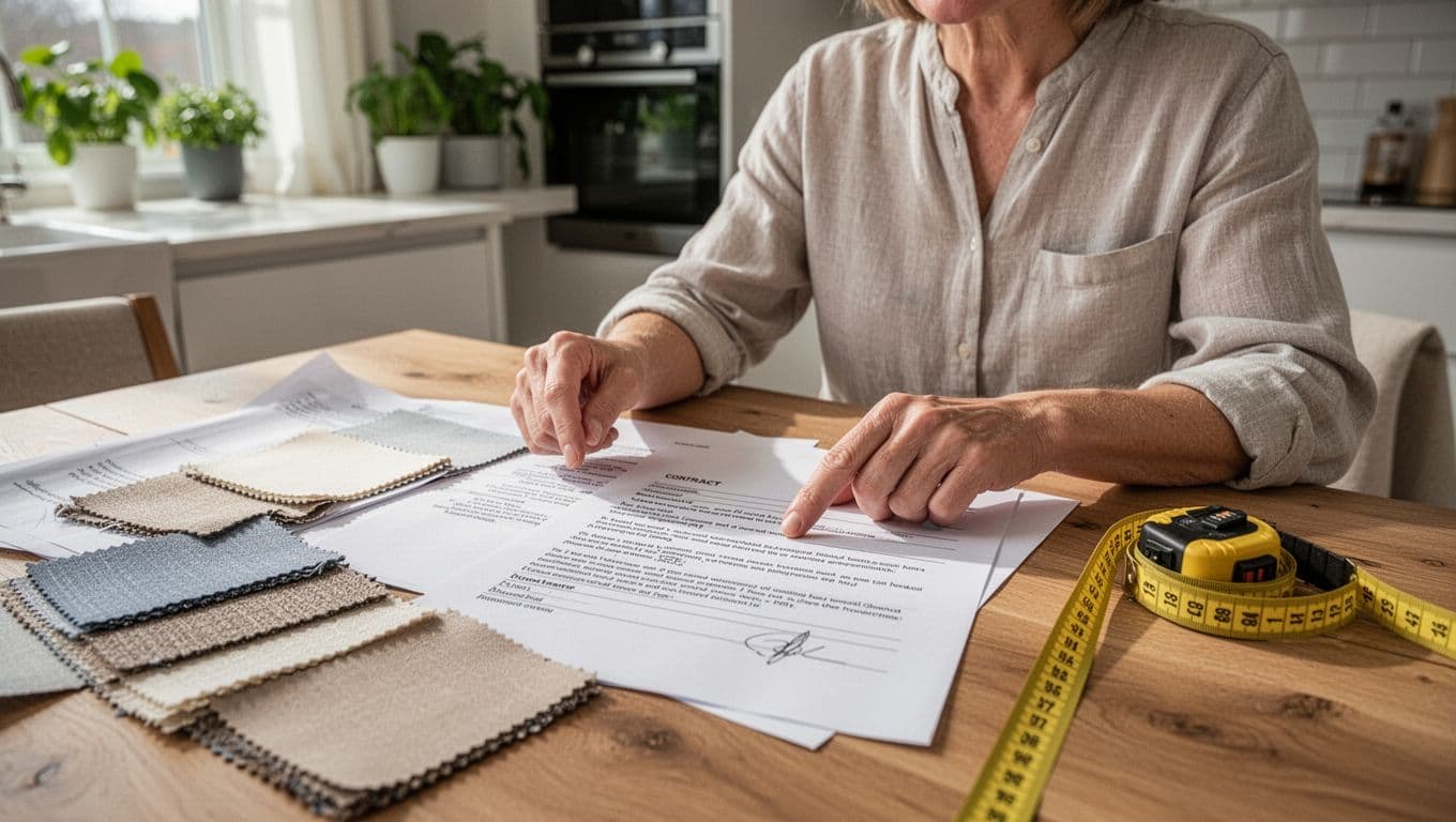 A homeowner sits at a wooden dining table in a bright kitchen, carefully reviewing a custom curtain contract with fabric swatches and a measuring tape nearby. Natural light from the window illuminates the focused scene with modern appliances and plants in the background.