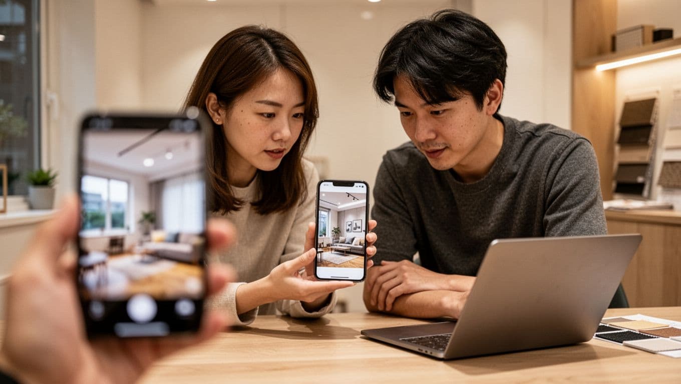 Homeowner holds smartphone displaying living room panoramas, window details, furniture, floors, and lighting photos to a designer intently viewing the screen. Realistic consultation scene with warm indoor lighting, natural focused expressions, simple background, blurred foreground phone screen, high resolution, natural depth of field.