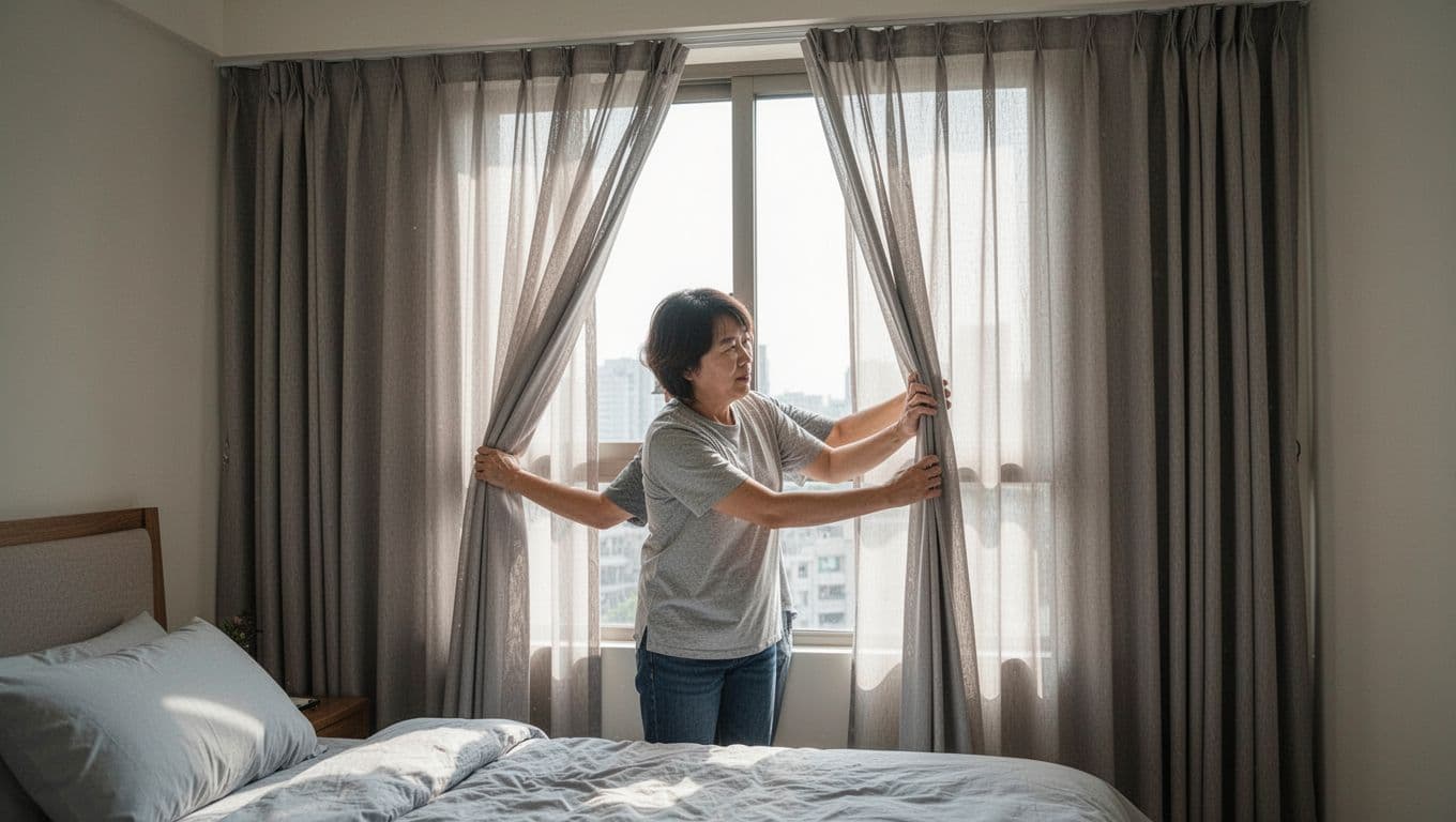 訂製窗簾丈量含不含?合約要寫清楚哪些條款 A homeowner in a bedroom pulls custom double-track curtains smoothly to check for no sticking, skewing, or light leaks at corners under natural daylight from large windows.