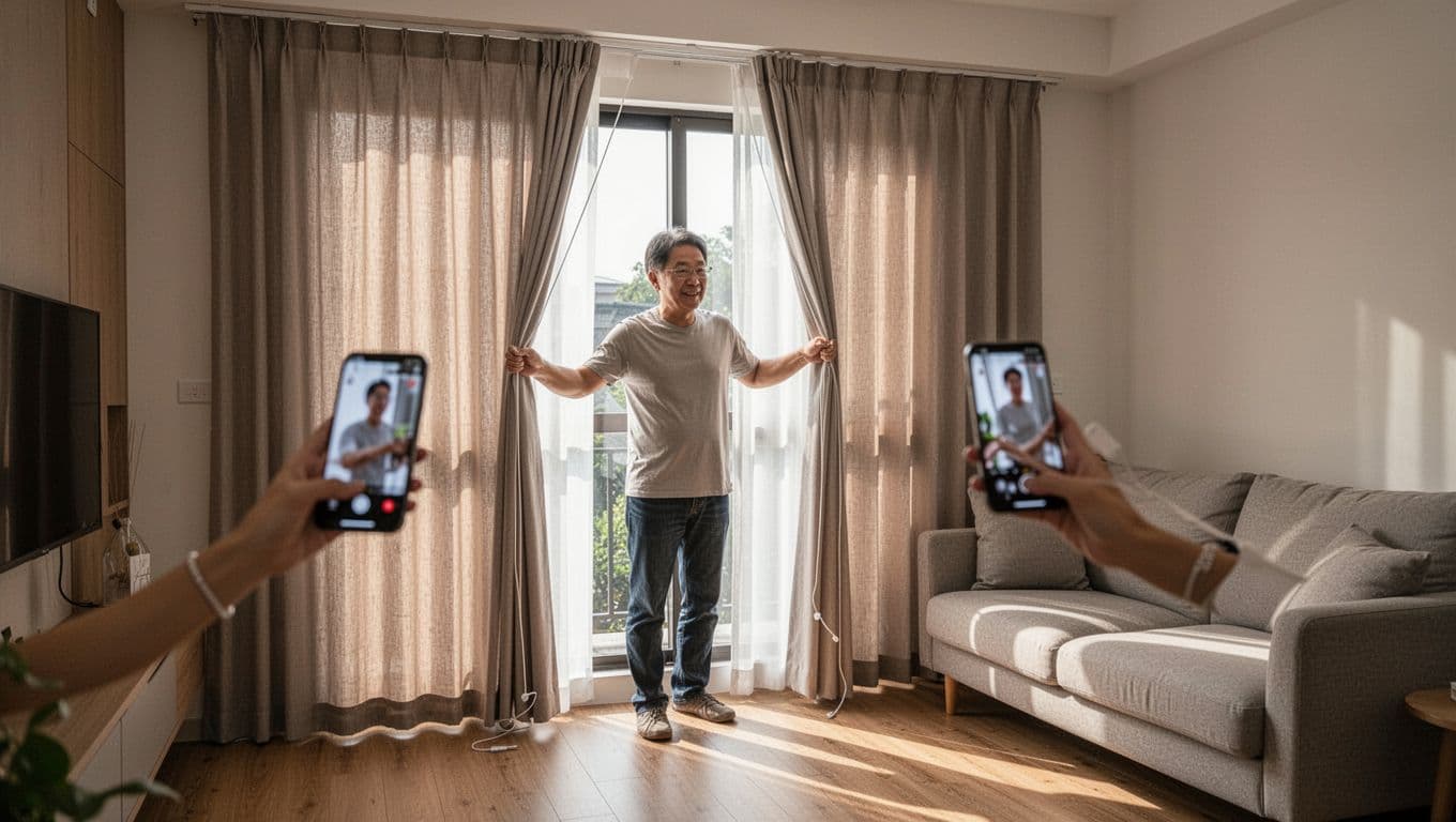 訂製窗簾想控制預算,先決定這 3 件事 A single homeowner in a cozy modern Taiwanese living room pulls the cord on newly installed floor-length curtains multiple times, checking gliding, even height, floor clearance, light seals, secure mounting, and child-safe cords while taking smartphone photos. Natural relaxed movements in a neutral-toned room with wooden floor and sofa bathed in afternoon sunlight.