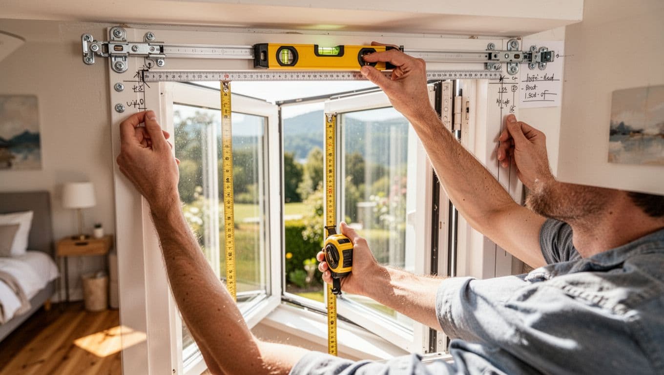 Photorealistic image of a homeowner in a sunny bedroom using a bubble level on the horizontal curtain track above the window and a tape measure to check distance to frame edges before hanging drapes.