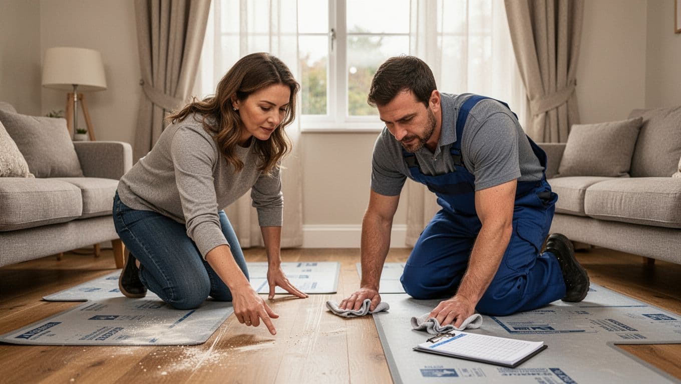Homeowner and worker in a living room after curtain installation, performing a site inspection. Homeowner points to floor checking for dust or scratches, worker kneels wiping surface clean with cloth, protective mats in place, new curtains on window.