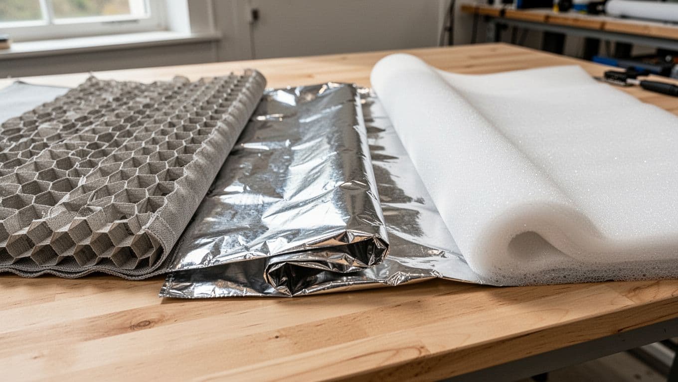 西曬隔熱,窗簾加內襯值得嗎?預算評估全指南 Close-up view of three thermal curtain lining materials on a light wooden table: honeycomb fabric with cellular structure, shiny aluminum foil coated fabric reflecting light, and soft foam lining, captured in realistic photography style with natural daylight.