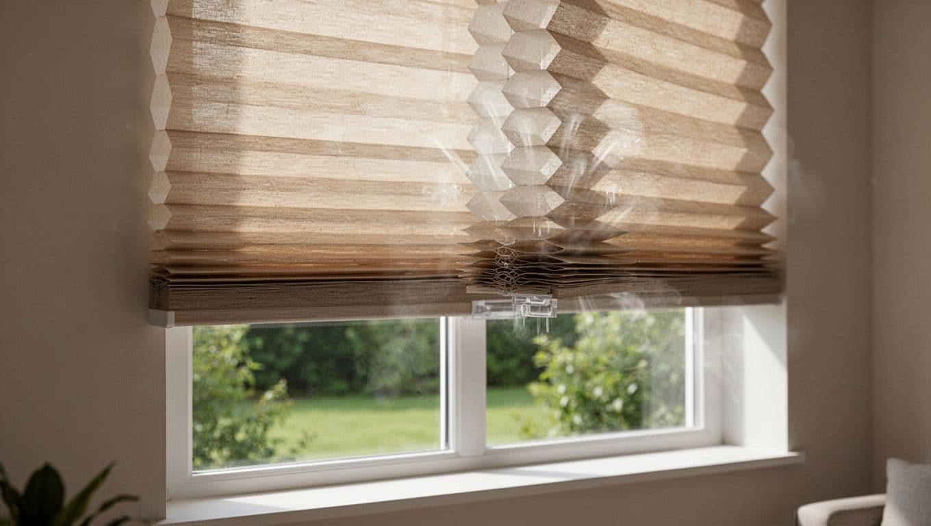 訂製窗簾一定要花錢的3大地方:布料、五金、安裝全解析 Realistic close-up of a partially lowered honeycomb cellular shade on a window, showcasing hexagonal cells for insulation, with soft indoor lighting and green outdoor view through semi-transparent fabric.