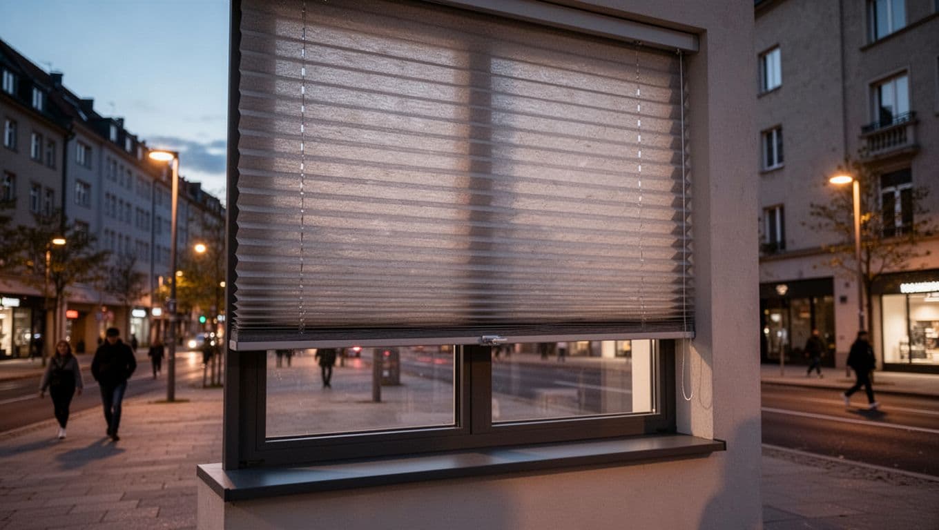 Photorealistic low street angle view of a modern bedroom window with fully extended multi-layer honeycomb cellular shades blocking all view and light, set against an urban dusk landscape with streetlights and pedestrians.