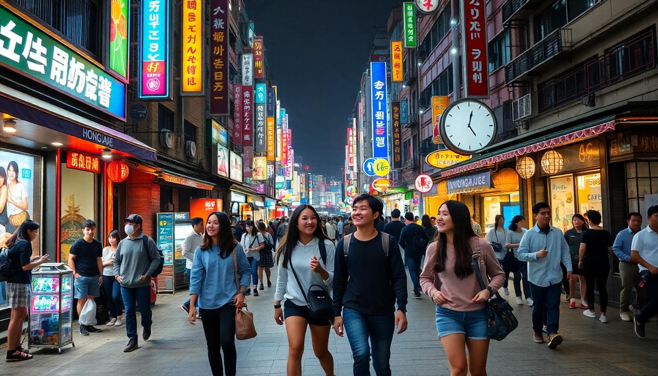 A vibrant street scene in Hongdae, Seoul, at night with young people enjoying street performances, colorful lights, shops, and cafes in the background. In the foreground, a group of friends walking and laughing. Include elements of nearby Myeongdong area with shopping streets and crowds.