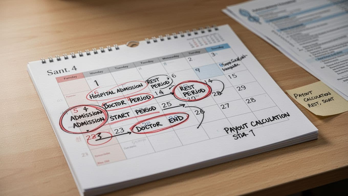 接案者住院不能工作,勞保傷病給付申請步驟全解析 Close-up of a single calendar on a wooden desk with circled dates for hospital admission, doctor's rest period start and end, and nearby payout calculation notes, under soft overhead lighting in realistic photography style.