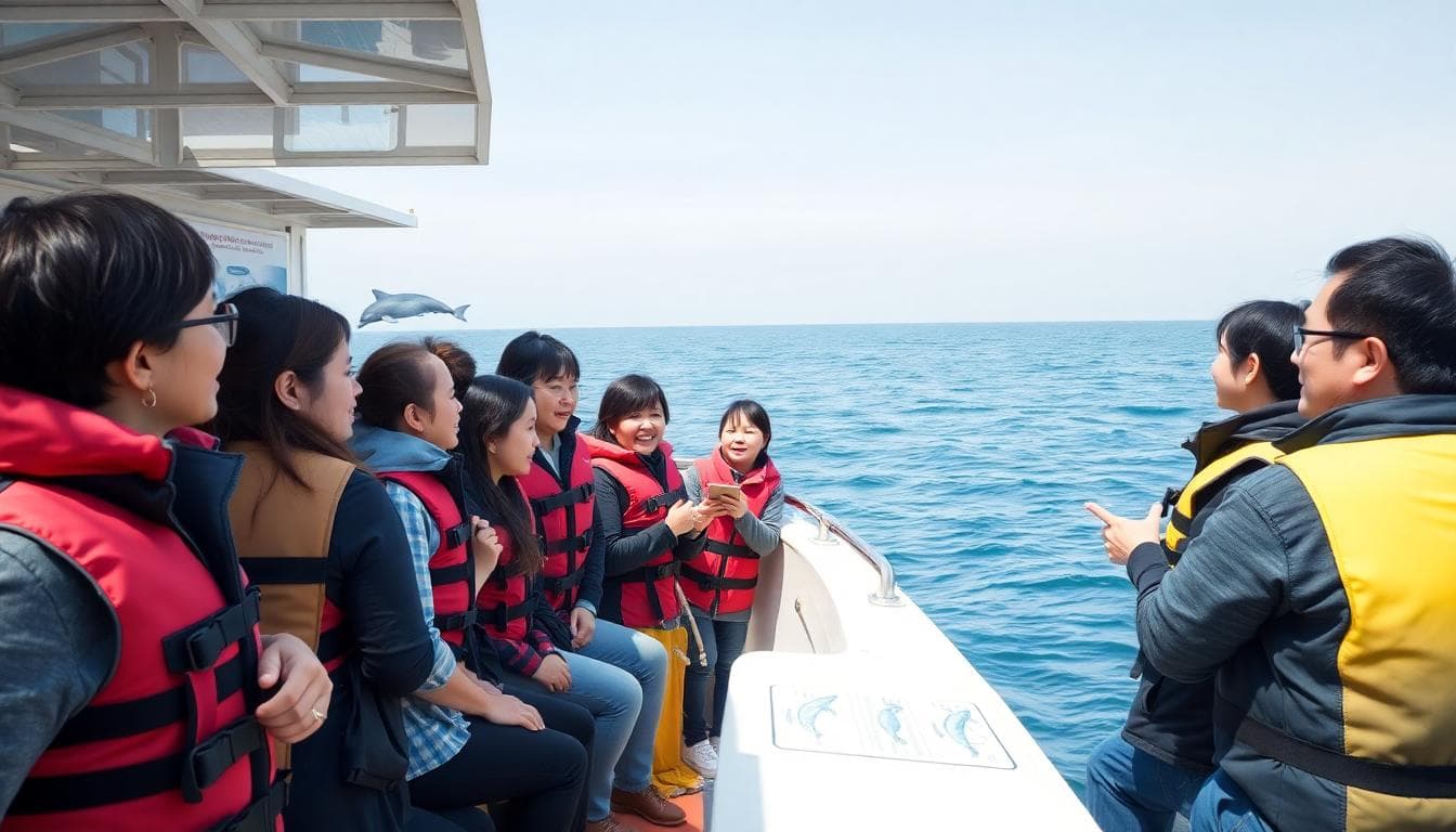 Passengers on a whale watching boat in Hualien, listening to a guide explain about dolphins and whales