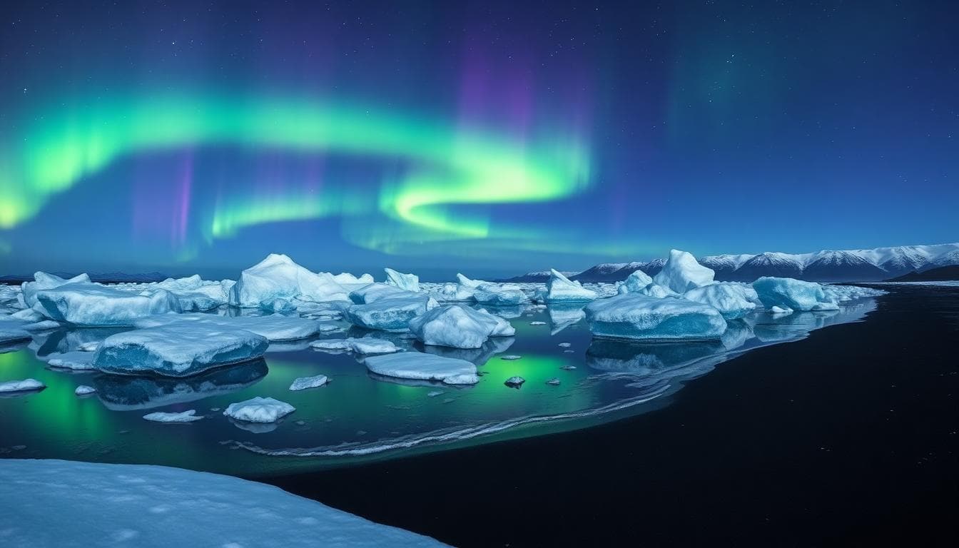 冰島南岸極光夜景,冰川湖面倒影與星空