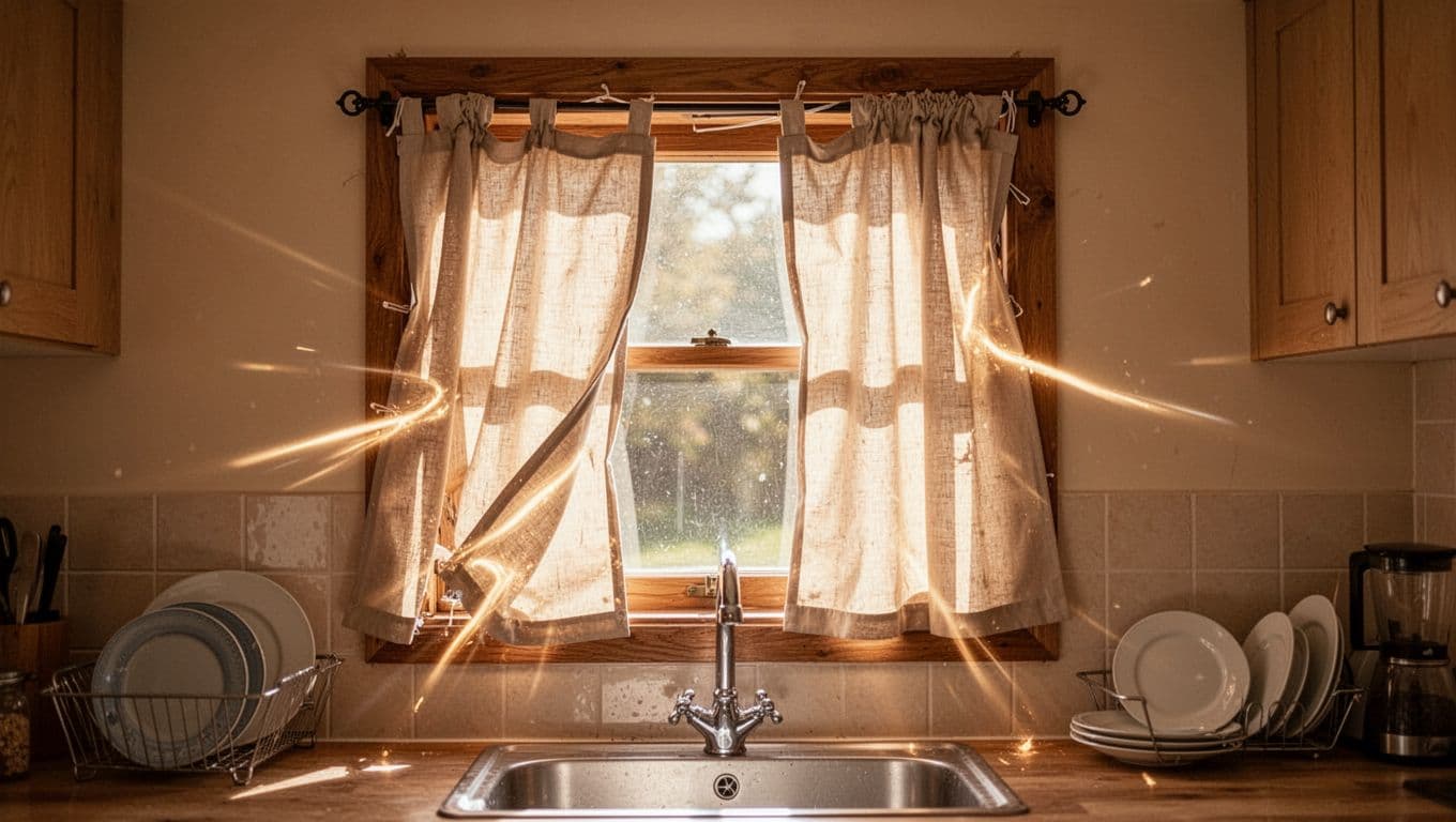 A small irregular kitchen window with an off-the-shelf curtain that is too large, hanging unevenly with gaps allowing sunlight to leak through onto the wall. The setup shows a strained wooden frame, sagging fabric, and messy installation in a cozy kitchen with a sink in the background.