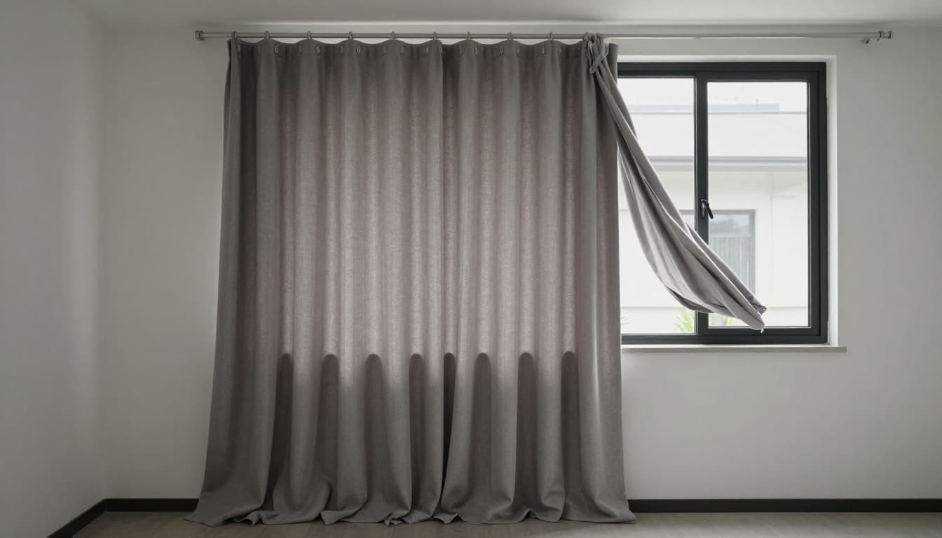 訂製窗簾軌道不好拉怎麼辦?5大常見原因與簡單解法 A photorealistic image of a single custom curtain panel hung incorrectly on a window track in a modern living room, featuring unevenly spaced hooks, fabric edge rubbing against a wall corner, and a tangled tie-back, illuminated by natural daylight.
