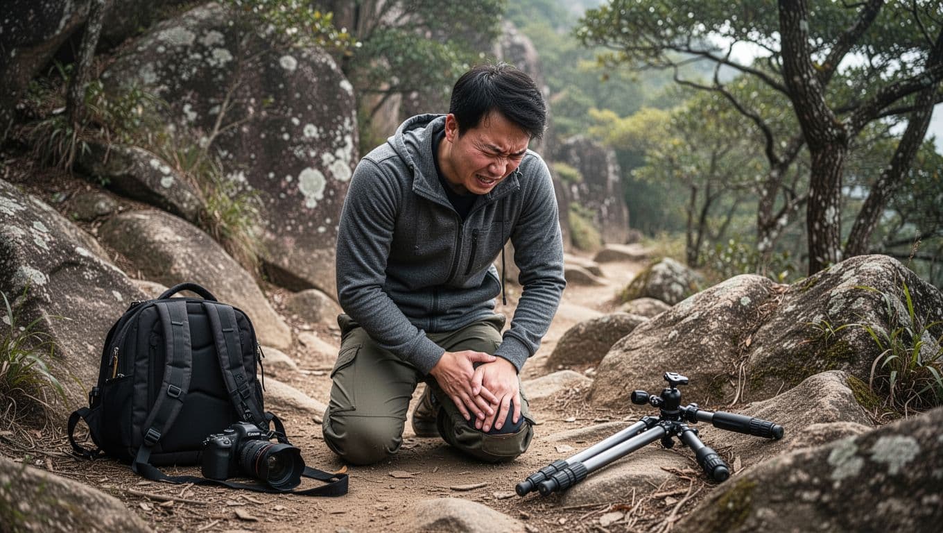 攝影師接案勞保怎麼保?職業工會投保 + 10 個常見問題解答 A Taiwanese freelance photographer slips and falls while shooting landscapes on a崎嶇 mountain path, kneeling on one knee clutching his painful knee with a tense expression. Camera backpack and tripod are scattered nearby amid rocks and trees under natural daylight.
