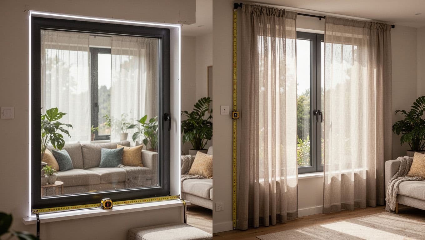 Side-by-side comparison in a modern living room: left shows curtains recessed inside the window frame covering only the glass, right shows floor-to-ceiling curtains mounted outside on the wall for fuller coverage, with measuring tapes on sill and wall, cozy sofa, plants, and soft daylight.