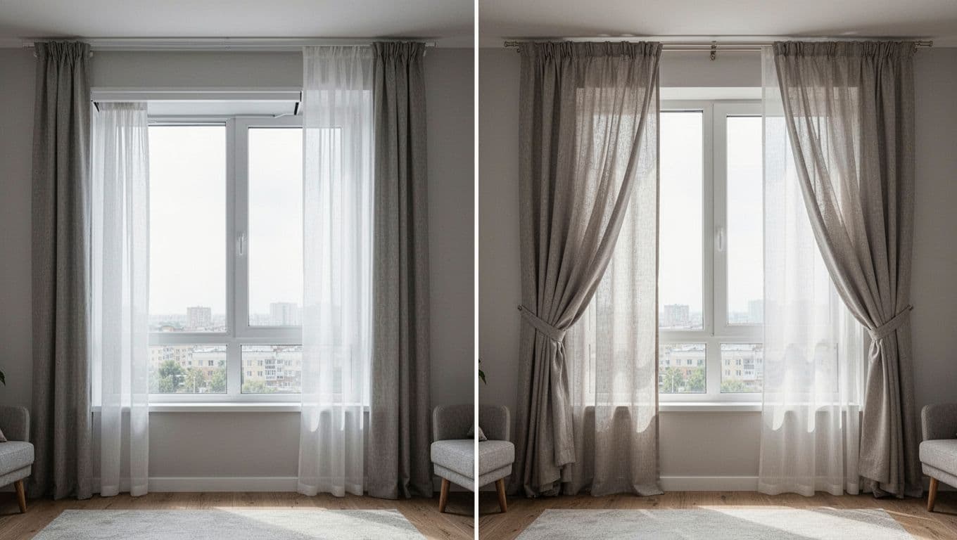 Split-view realistic photo comparing inner-mounted curtains (left, flush inside frame for perfect light block) and outer-mounted curtains (right, draping over frame with wider coverage but potential gaps) on a modern window in a clean apartment interior.