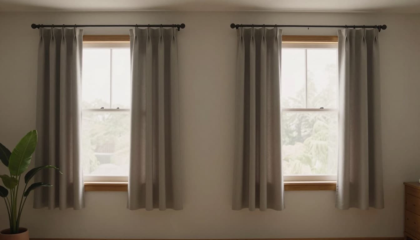 Bright living room interior comparing curtain installation: left window with inside mount fitting neatly in frame, right with outside mount extending beyond for full coverage and light blocking.