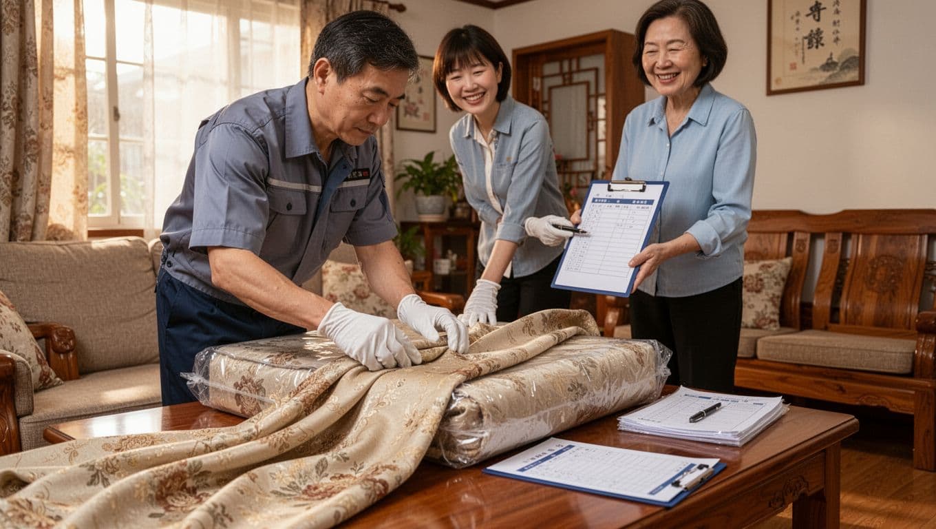 訂製窗簾報價要不要含到貨檢查?品質確認全指南 A professional inspector in a cozy Taiwanese home living room carefully unpacks a custom curtain package with gloved hands using a checklist clipboard, while a smiling customer watches nearby, in warm natural daylight, realistic style with high detail on curtain texture.
