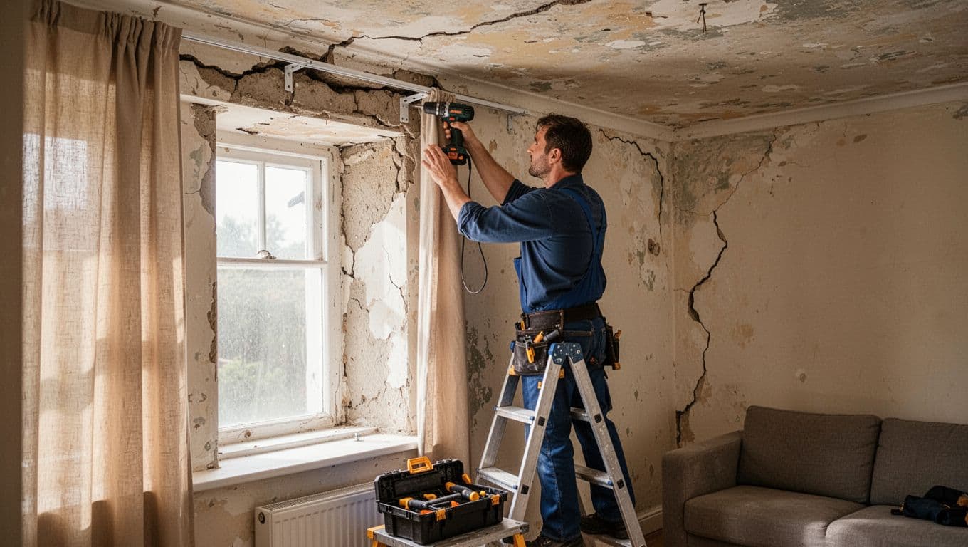 窗簾只換軌道不換布可以嗎?費用優缺點與限制全解析 An installer on a short ladder carefully mounts a curtain track bracket into an old, cracked, and uneven plaster wall above a window in a home living room using a power drill, with toolbox on the floor. Realistic interior scene with soft natural daylight, textured ceiling, and focus on installation challenges.