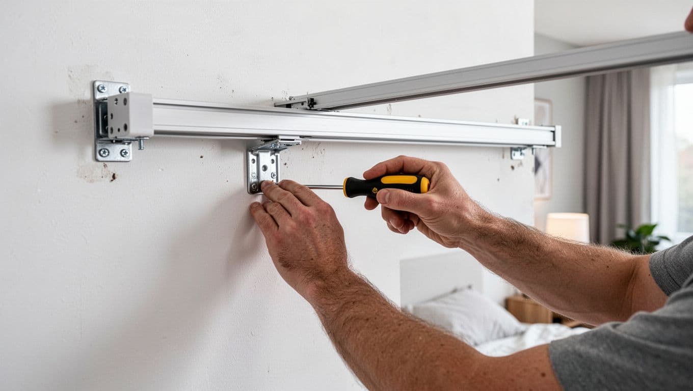 訂製窗簾裝歪怎麼辦?驗收自檢與修法全指南 Photorealistic close-up of exactly one person installing an additional middle support bracket on a sagging aluminum curtain track mounted on a white wall in a contemporary bedroom, using a screwdriver to tighten a screw, bracket aligned horizontally, track now level.