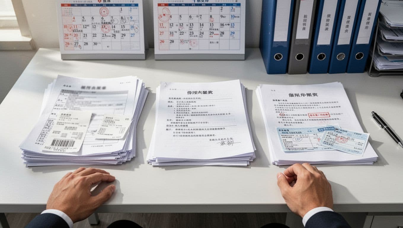 Tidy office desk in bright daylight featuring three piles of documents for common insurance claims: hospital summaries and receipts, accident proofs and work certificates, rejection notices with salary slips, all in Traditional Chinese. A single hand rests relaxed on the desk edge near a pen, with calendar and folders in the background, realistic photography style.