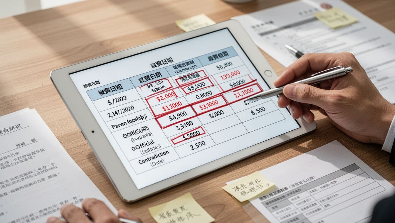 Close-up realistic photo of a comparison table on white paper or angled tablet screen, with columns for payment dates/amounts, union receipts, official insurance dates/salaries, and red-highlighted contradictions. On a wooden desk with pen pointing to discrepancies, nearby notes/documents, one hand resting nearby, bright natural light, Traditional Chinese headers like '繳費日期'.