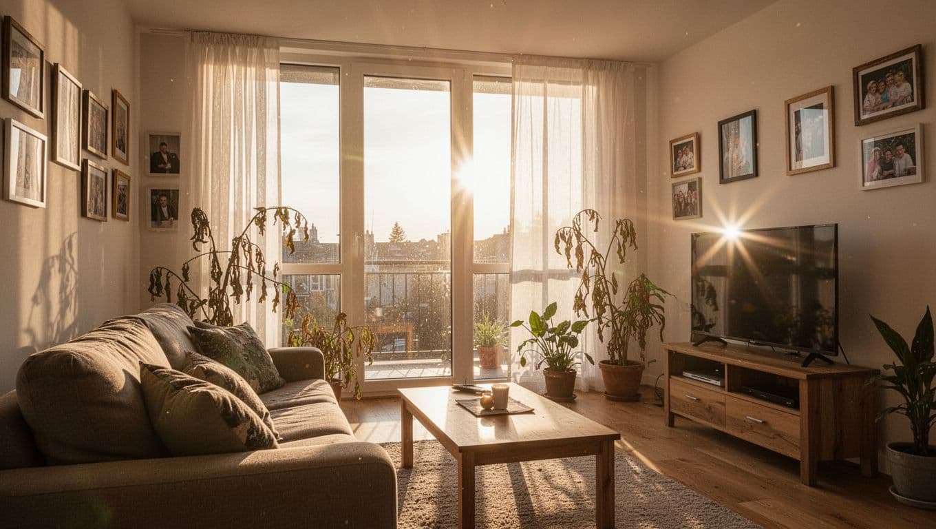 訂製窗簾一定要花錢的3大地方:布料、五金、安裝全解析 A bright living room bathed in late afternoon sunlight from large west-facing floor-to-ceiling windows, creating harsh glare on the TV and a sense of overheating with wilting plants and sheer curtains. Features one sofa, coffee table, family photos on walls, in realistic style with golden hour lighting and strong shadows.