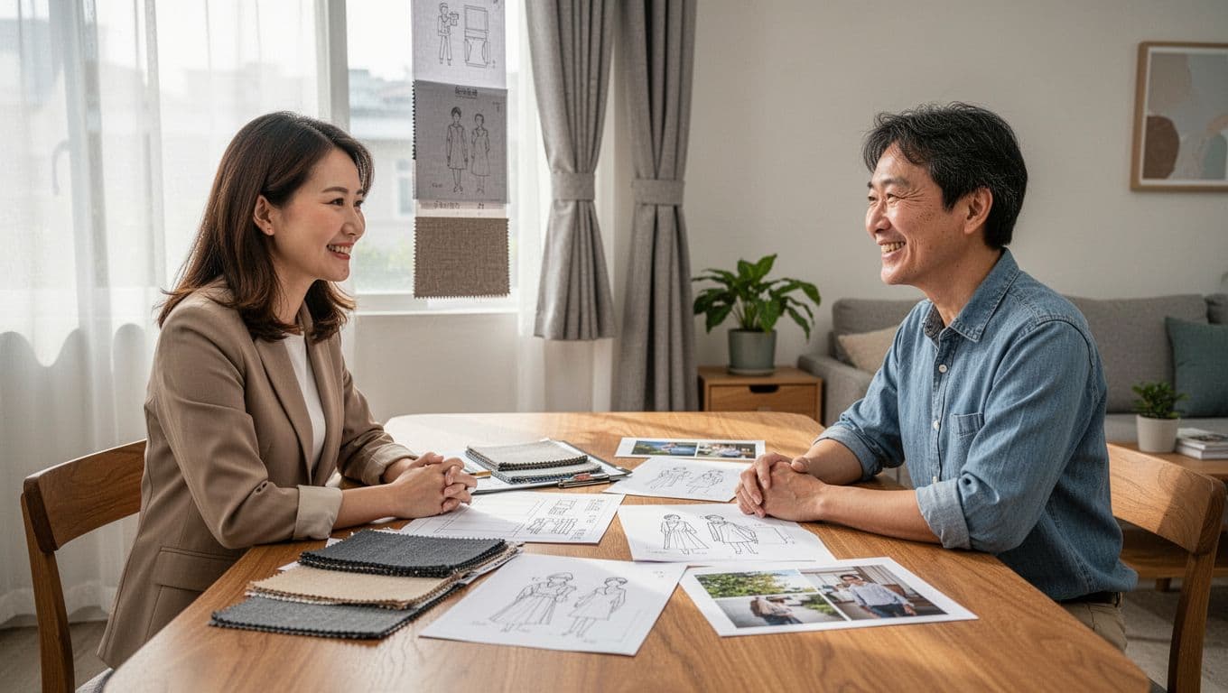 訂製窗簾店家怎麼選?10個指標讓你第一次就找對 A friendly female interior designer in casual professional attire discusses curtain designs with a smiling client at a wooden table in a bright modern Taiwanese living room, with fabric swatches, sketches, and photos spread out.