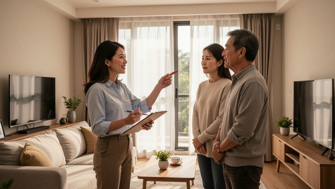 A friendly interior designer holds a notebook and points to the window while discussing curtain needs with an attentive homeowner couple in a cozy living room featuring a sofa, TV, soft warm lighting, and natural depth of field.