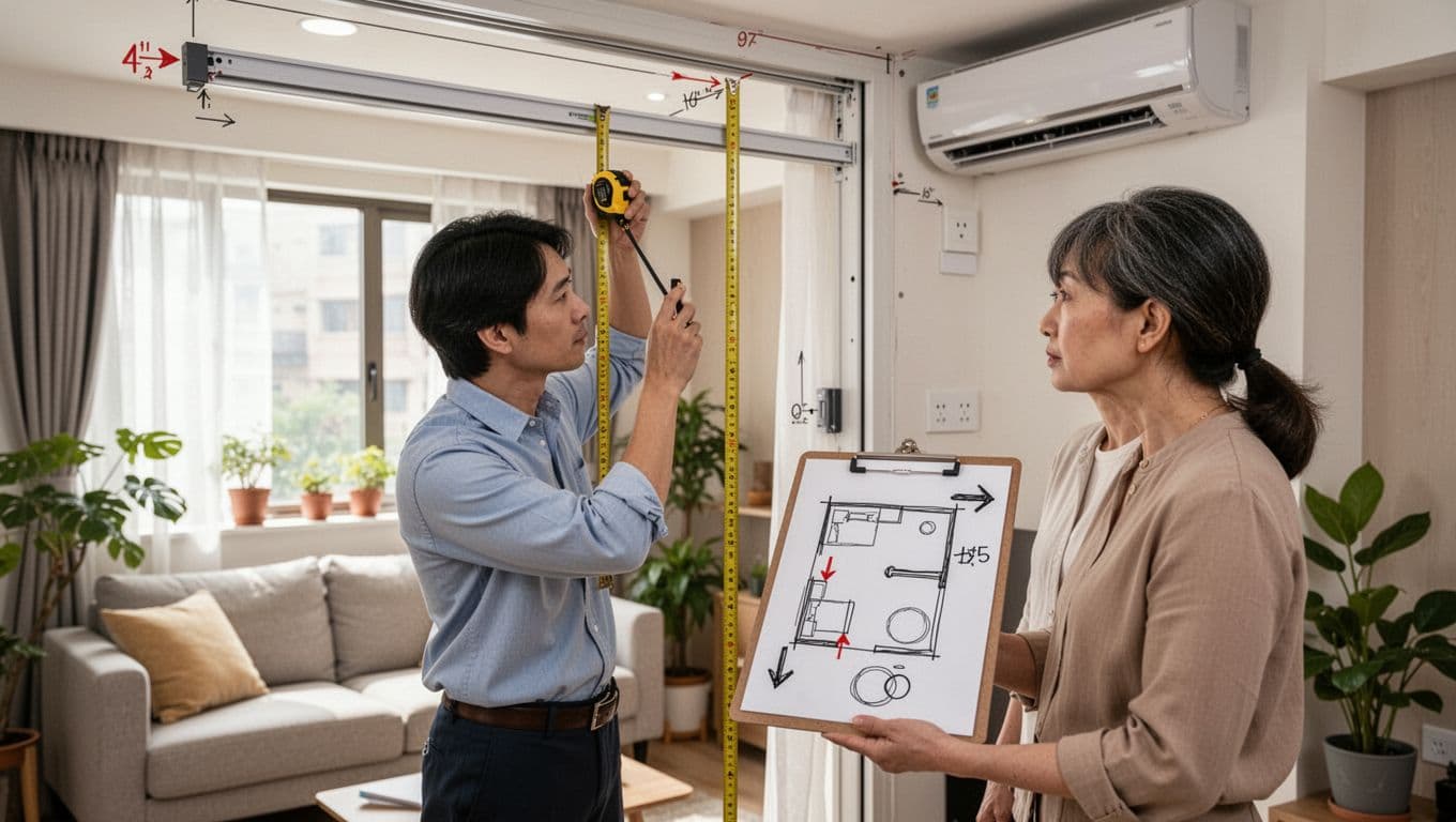 A professional interior designer uses a tape measure to verify window installation points like ceiling vs. wall mount and curtain drop in a modern Taiwanese living room, holding a clipboard with a hand-drawn floor plan sketch, while a homeowner watches attentively.