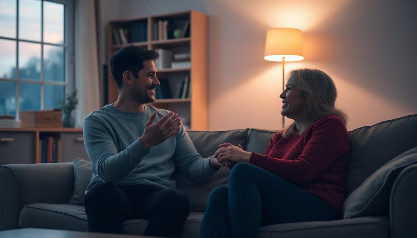 A warm, intimate scene of a couple sharing a story on a cozy couch