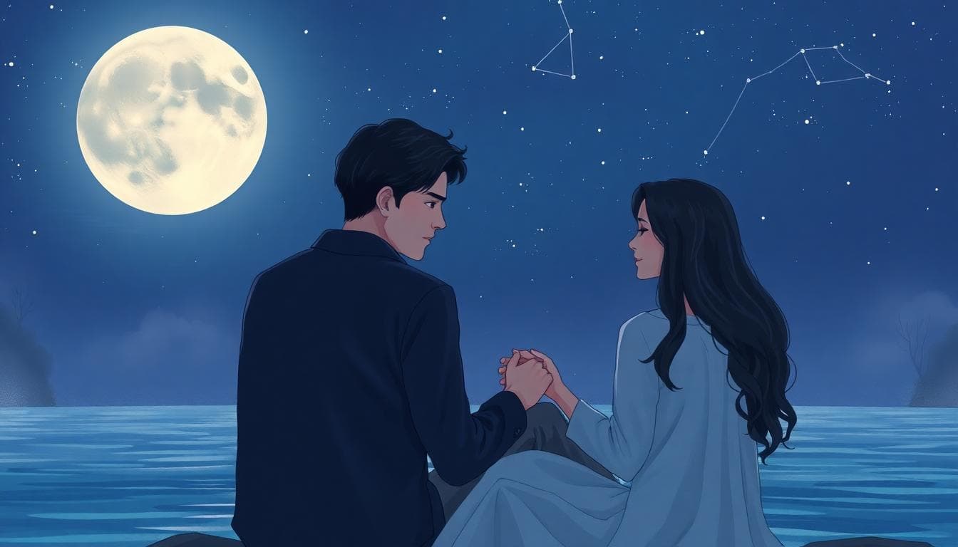 A intimate couple sitting close under a full moon with Scorpio constellation in the starry night sky, engaging in deep conversation, one person touching the other's hand gently, conveying trust and emotional safety in a relationship. The scene is romantic and mysterious, with soft blue and purple tones, realistic style, no text, detailed facial expressions showing vulnerability and connection. Background includes subtle water elements like a calm lake to symbolize depth. High resolution, emotional depth.