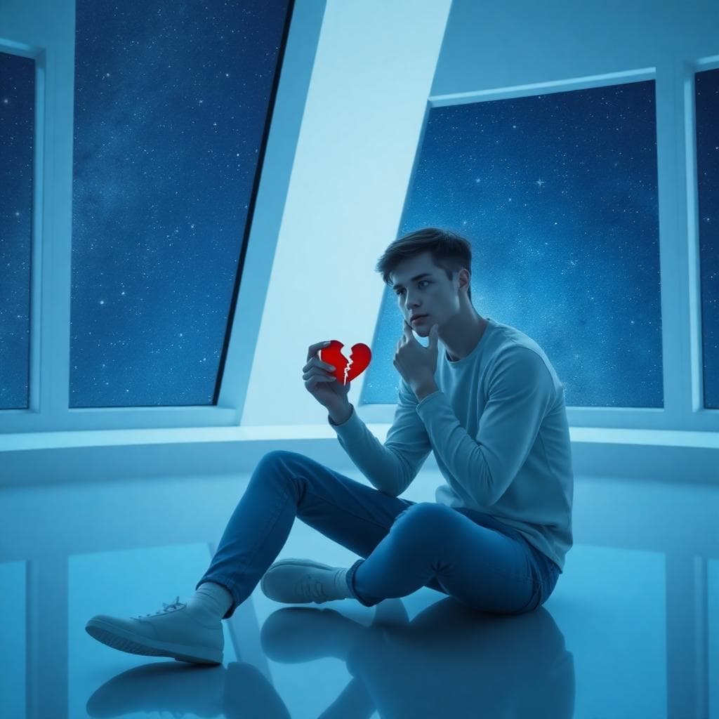A thoughtful young person representing Aquarius zodiac, sitting alone in a minimalist modern room with large windows showing a starry night sky, holding a broken heart symbol subtly in hand, expression of introspection and quiet determination after a breakup, futuristic and innovative atmosphere, cool blue tones dominant, soft lighting, high detail, realistic style, no text or watermarks.