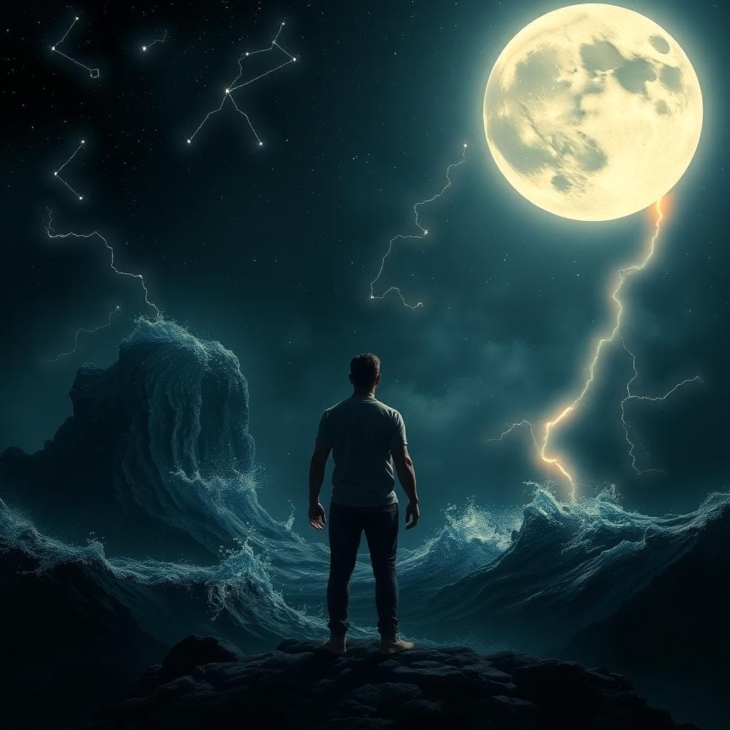 A person standing in a stormy night under a full moon in the Scorpio constellation, facing turbulent emotions represented by swirling dark waters and lightning, symbolizing inner challenges like jealousy and insecurity. The mood is intense and introspective, with dramatic lighting and shadows. Foreground shows the figure, background starry sky with Scorpio stars. Realistic style, no text.