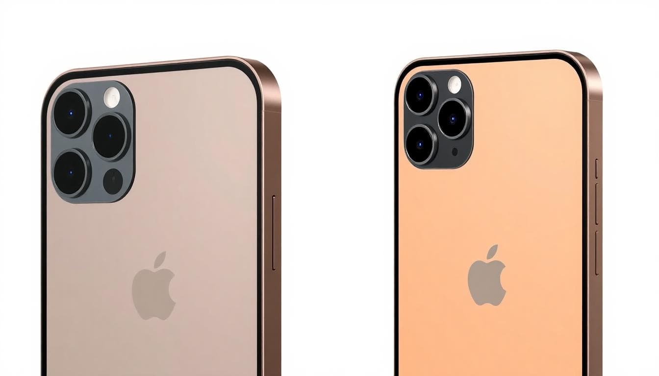 iPhone 16 Pro in Desert Titanium color next to iPhone 15 Pro, highlighting slim bezels and larger display