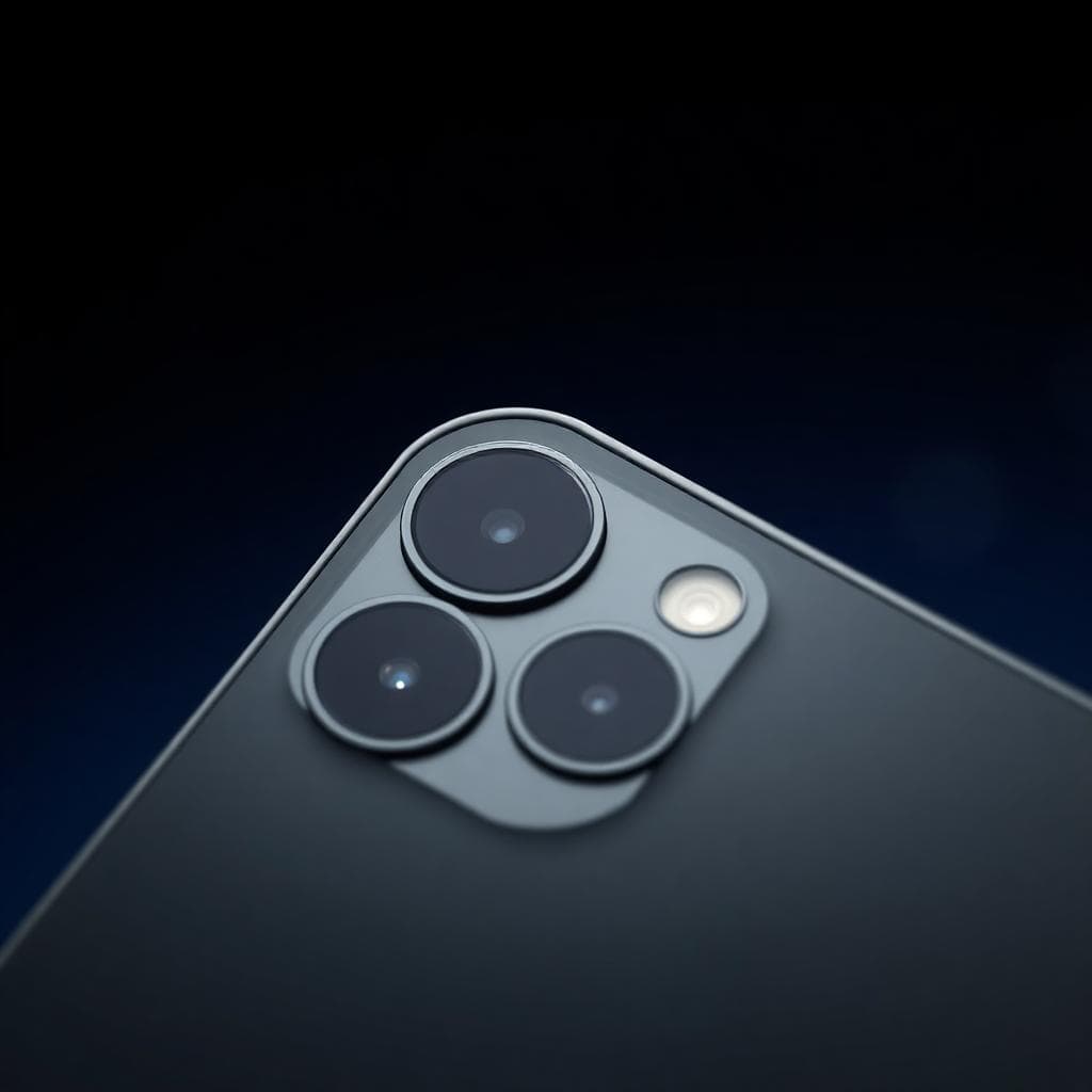 iPhone 16 Pro Max 後置相機特寫，顯示三鏡頭配置，包括主鏡頭、超廣角和長焦鏡頭，周圍是鈦合金邊框，背景漸變為深藍色，暗示夜間拍攝環境