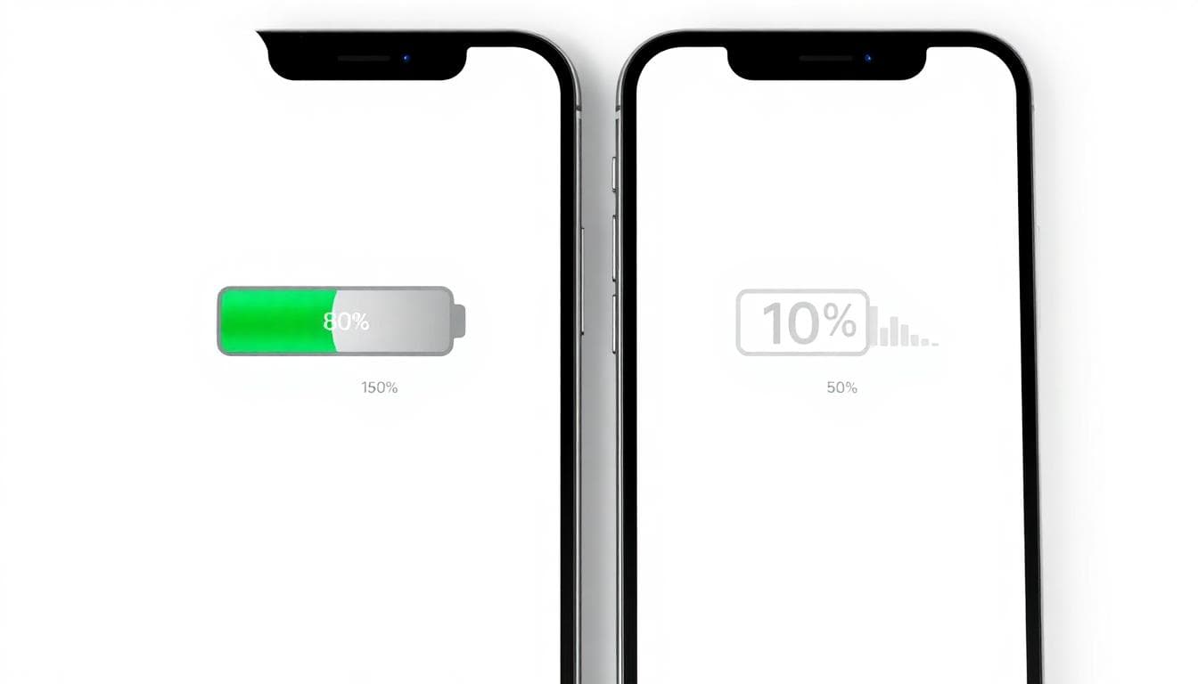 A side-by-side comparison image of iPhone 16 Pro and iPhone 15 Pro on a clean white background, showing battery icons with percentage levels, one at 80% after heavy use for iPhone 16 Pro and 50% for iPhone 15 Pro, include subtle graphs of battery drain over time in the background, realistic product photography style, high detail on devices, soft lighting, no text on image, focus on endurance theme.