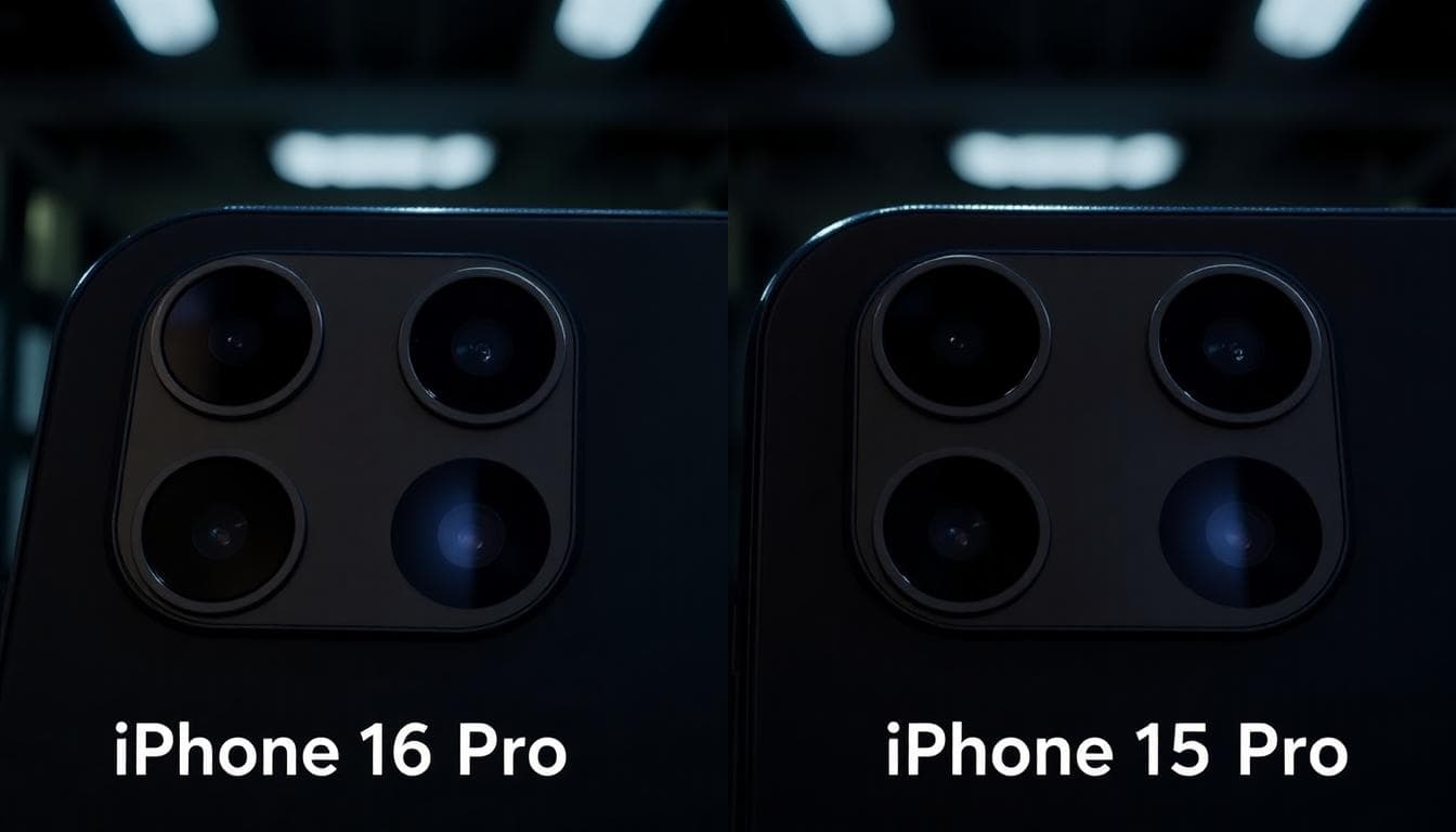 A close-up comparison of iPhone 16 Pro and iPhone 15 Pro cameras side by side, showing the lens details with zoom capabilities, in a low-light indoor setting with subtle lighting to highlight differences in image quality, realistic style, high detail on camera modules, tech background with soft glow, no text