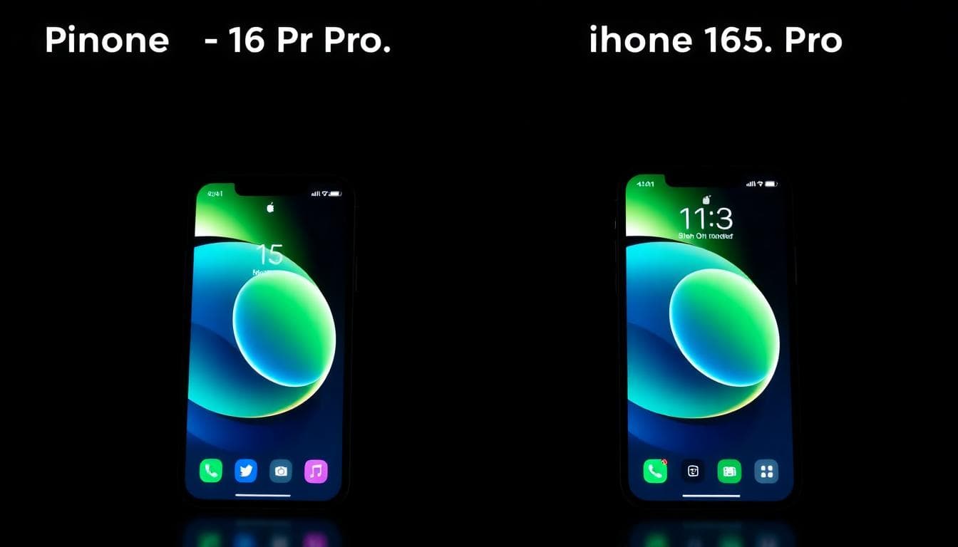 iPhone 16 Pro and iPhone 15 Pro side by side, displays showing always-on mode with clock and widgets, iPhone 16 Pro brighter and sharper, slim bezels, dark room, realistic photo, high detail, soft light, no text, subtle speaker icons