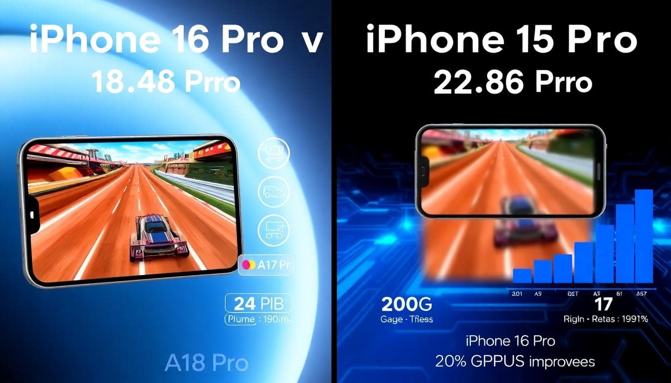 iPhone 16 Pro and iPhone 15 Pro side by side comparison focusing on performance, with iPhone 16 Pro showing smooth high-frame-rate racing game and A18 Pro icons, iPhone 15 Pro with blurred game, tech background with graphs